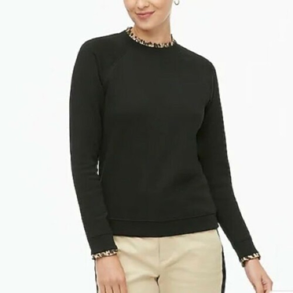 J. Crew Sweatshirt Woven Ruffleneck Pullover Black & Leopard Print Small